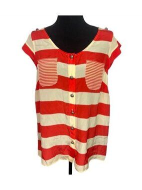Odille Anthropologie Red Cream Striped 100% Silk Button Front Blouse Size 8